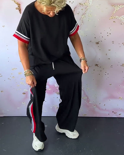 💥Vente de fin d'été 50% DE RÉDUCTION💕Costume deux pièces décontracté à encolure ronde et motif à rayures contrastantes🧥+👖