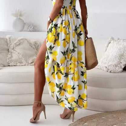 💕49% Off🍋Women's Elegant Lemon Print Spaghetti Strap Flowy Long Dress