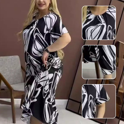 Robe élégante à col rond imprimée et fluide