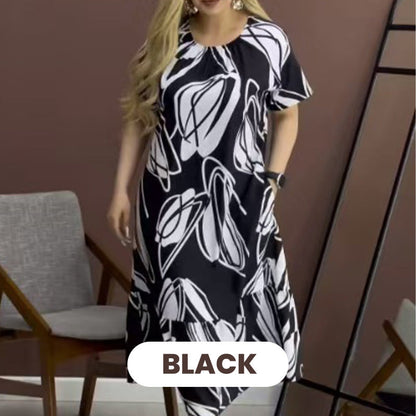 Robe élégante à col rond imprimée et fluide