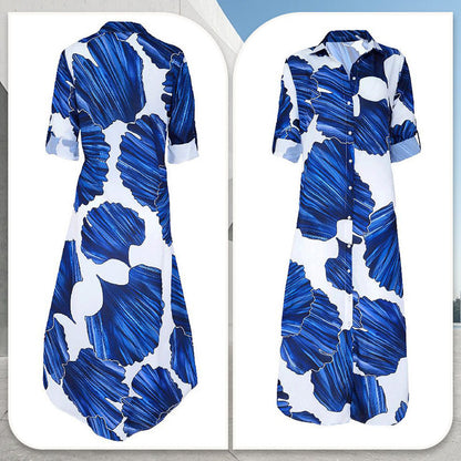 Robe longue à manches longues imprimée de motifs floraux avec col rabattu
