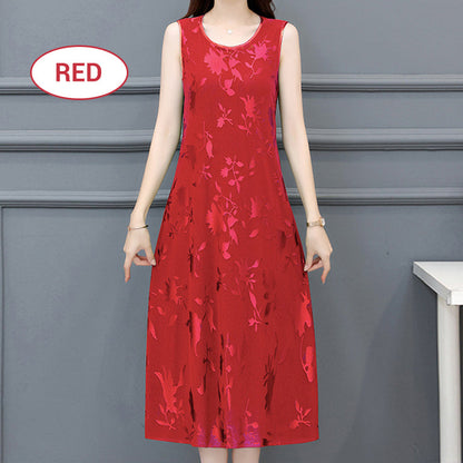 Robe midi sans manches à col rond gaufré