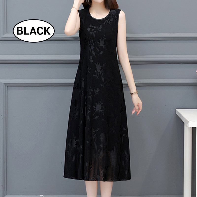 Robe midi sans manches à col rond gaufré