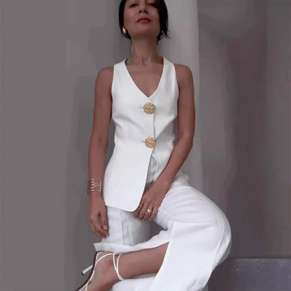 🔥49% de réduction💕Ensemble deux pièces pour femme Veste sans manches et pantalon avec décolleté en V et fermeture à boutons sur le devant