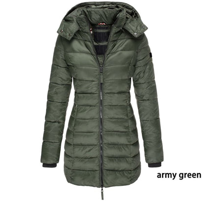 Veste matelassée mi-longue pour femme, veste chaude à capuche de couleur unie, hiver